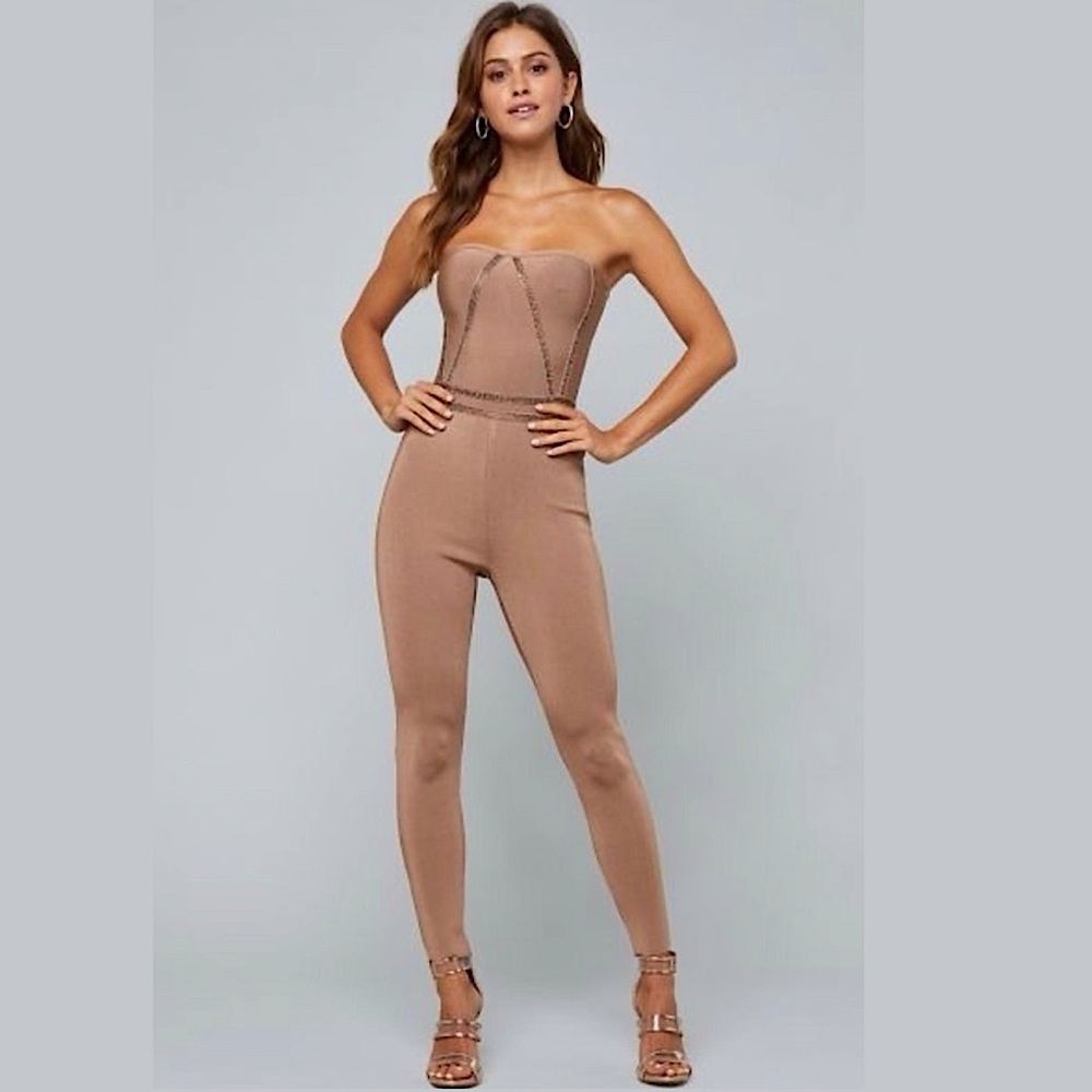 Bebe Vintage Bandage Strapless Studded Tan Catsuit Jumpsuit